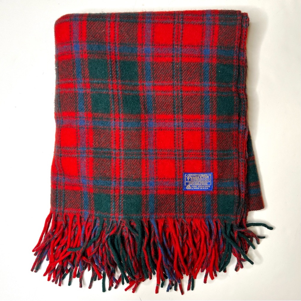 Vintage Pendleton Red Blue Green Plaid Wool Picnic Stadium Blanket